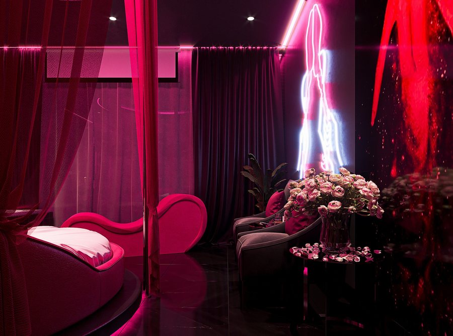 thiết kế khách sạn tình yêu, thi công khách sạn neon, phòng khách sạn giường tròn, neon velvet concept, thiết kế KTV Group