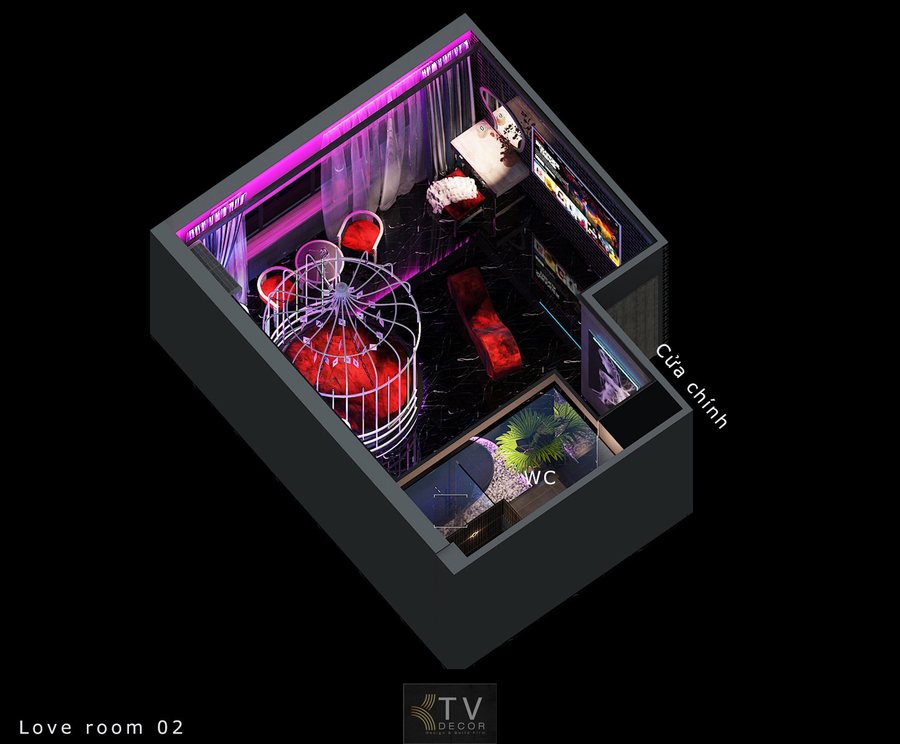 Phòng khách sạn Art Neon nổi bật với tranh nghệ thuật, giường tròn và ánh sáng đa sắc; thiết kế thi công hoàn thiện bởi KTV Group.