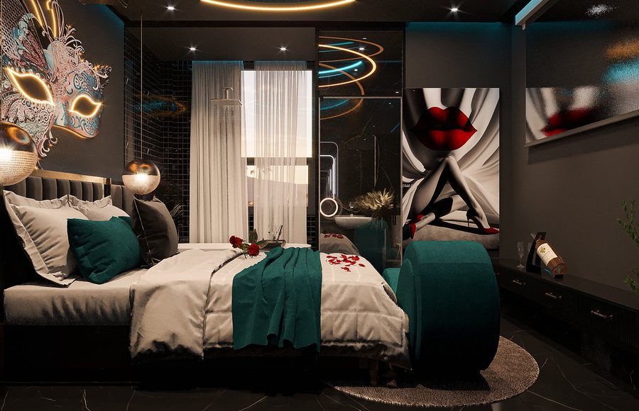 Mẫu thiết kế phòng khách sạn chủ đề tình yêu phong cách Nghệ Thuật Luxury Mask do KTV GROUP thực hiện, nổi bật với ánh sáng LED, nội thất sang trọng và điểm nhấn nghệ thuật tinh tế.