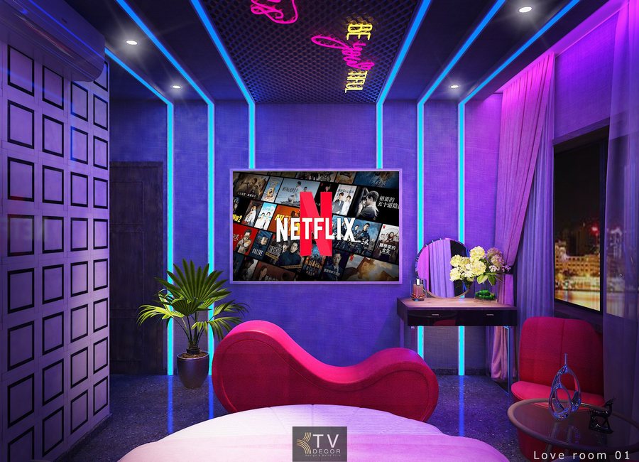 • Ánh sáng – Âm thanh: Đèn LED chạy viền trần, viền tường và khung gương. Ánh sáng nhiều lớp giúp điều chỉnh mood: Chill – lung linh – nghệ thuật.