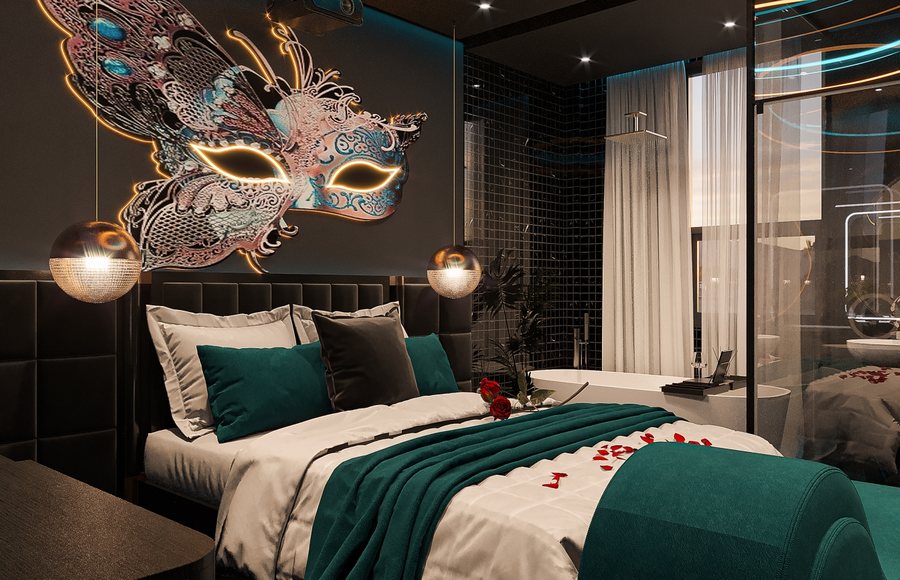 thiết kế khách sạn chủ đề tình yêu, thiết kế phòng luxury, concept nghệ thuật khách sạn, thiết kế KTV GROUP, mẫu phòng khách sạn hiện đại, nội thất khách sạn cao cấp