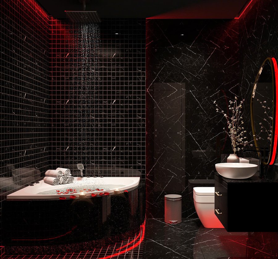 Không gian khách sạn phong cách Ánh Sáng Đỏ, nổi bật với tranh đôi chim rực rỡ, giường tròn và hệ đèn trang trí tạo chiều sâu thị giác