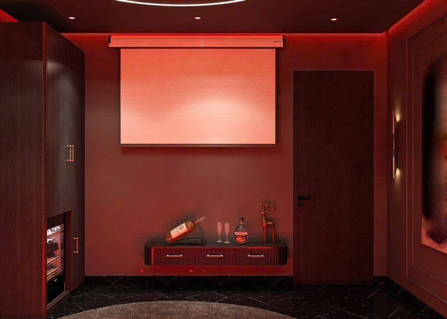 Phòng khách sạn nghệ thuật Ánh Sáng Đỏ với giường tròn và tranh đôi chim kết hợp ánh sáng LED.