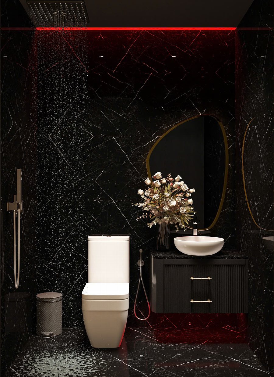 Phòng khách sạn nghệ thuật Ánh Sáng Đỏ với giường tròn, tranh đôi chim và ánh sáng LED đa lớp – thiết kế thi công bởi KTV Group.