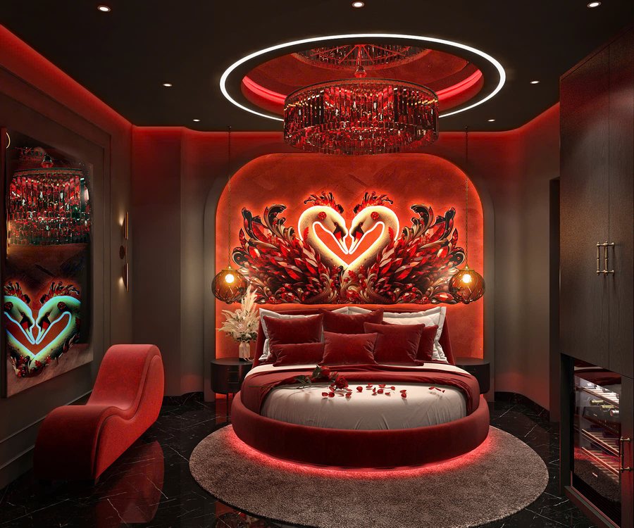 Thiết kế – thi công phòng khách sạn nghệ thuật Ánh Sáng Đỏ với giường tròn và điểm nhấn đôi chim biểu tượng