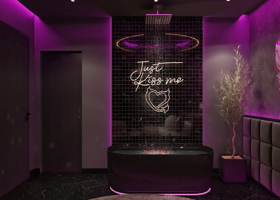 Không gian phòng khách sạn nghệ thuật với gam màu huyền ảo, nội thất sang trọng và điểm nhấn ánh sáng độc đáo – giải pháp thiết kế thi công trọn gói KTV Group