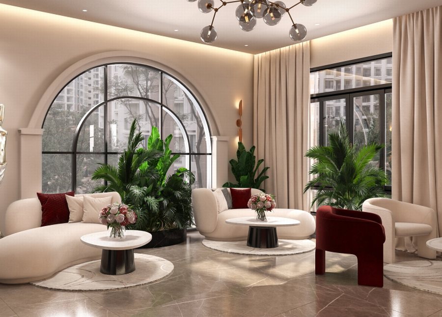 Mẫu thiết kế sảnh khách sạn chủ đề tình yêu nổi bật với quầy lễ tân đỏ, ánh sáng ấm và nội thất cao cấp, mang đến trải nghiệm sang trọng và ấn tượng.