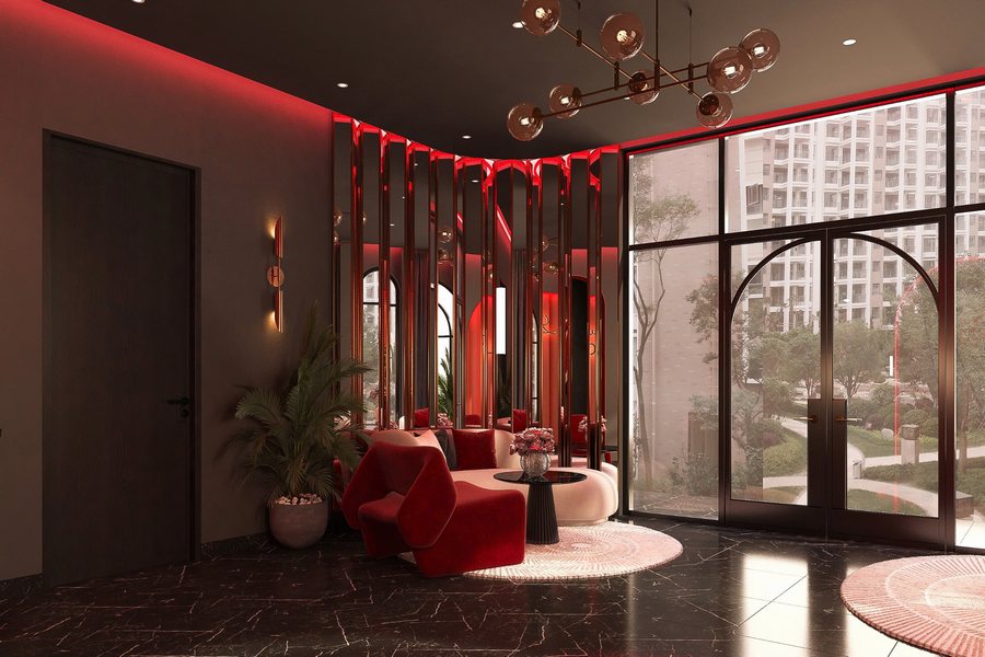 Thiết kế thi công sảnh khách sạn chủ đề lãng mạn sang trọng với không gian đỏ – đen tinh tế, ánh sáng hiện đại và chất liệu cao cấp bởi KTV Group