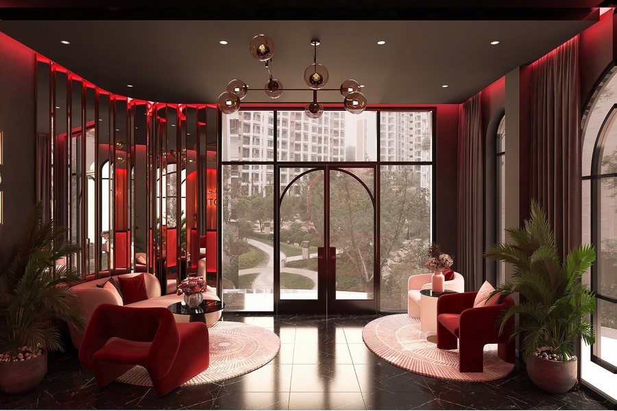 Thiết kế thi công sảnh khách sạn lãng mạn hiện đại, phối màu đỏ – đen sang trọng, quầy lễ tân cong nổi bật, ánh sáng LED cao cấp theo xu hướng 2025–2026.