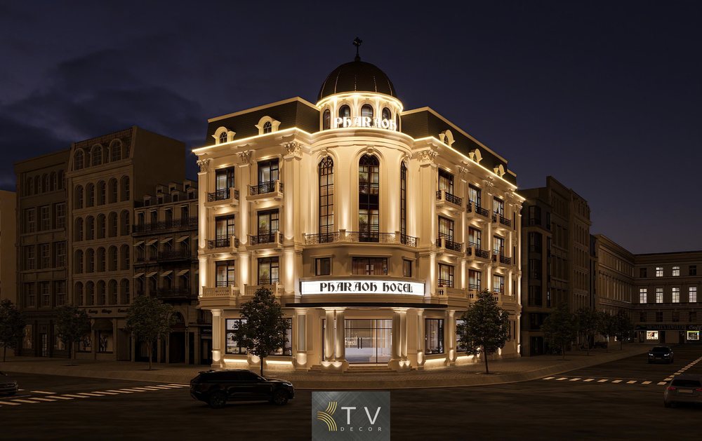 Mặt tiền khách sạn phong cách cổ điển châu Âu với đường nét tinh xảo, ánh sáng vàng sang trọng và thiết kế góc cong ấn tượng – KTV Group thiết kế thi công trọn gói