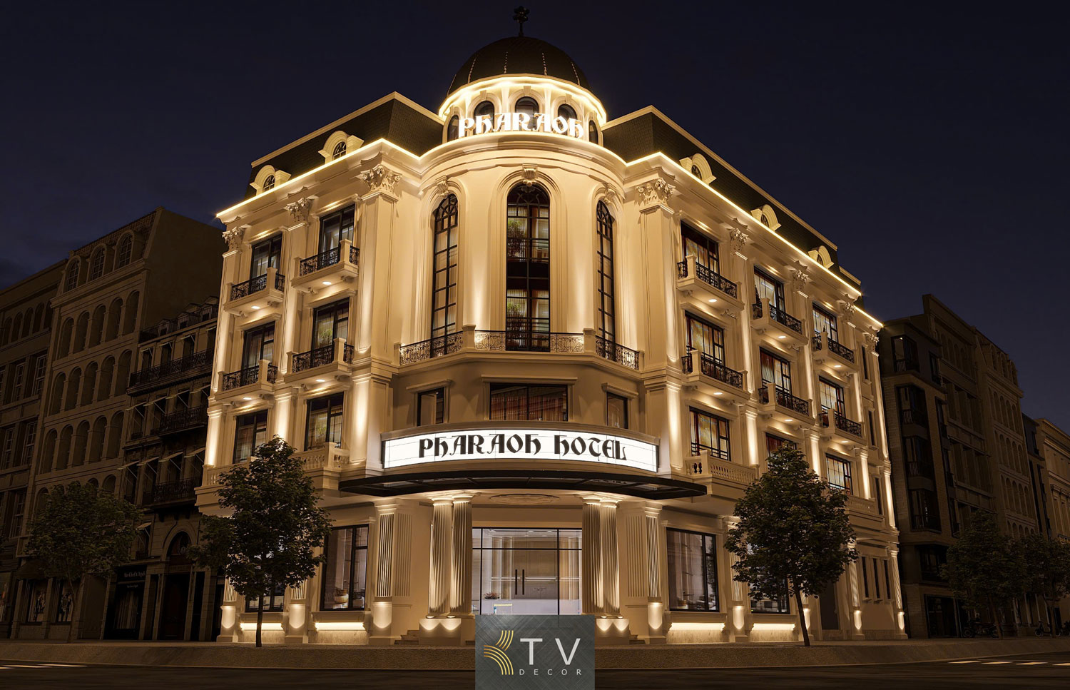 Thiết kế thi công mặt tiền khách sạn châu Âu cổ điển sang trọng, ánh sáng vàng hoàng gia, đường nét tinh xảo theo xu hướng kiến trúc 2025–2026.