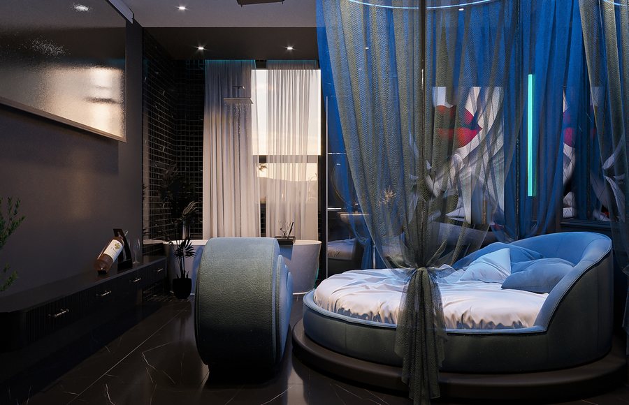 Thiết kế phòng khách sạn Midnight Blue Glow – Mẫu phòng chủ đề cao cấp KTV GROUP