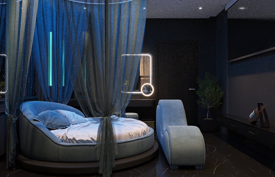 Khám phá phòng khách sạn Midnight Blue Glow – Không gian chủ đề lãng mạn hiện đại với giường tròn, rèm buông xanh và hiệu ứng ánh sáng nghệ thuật c