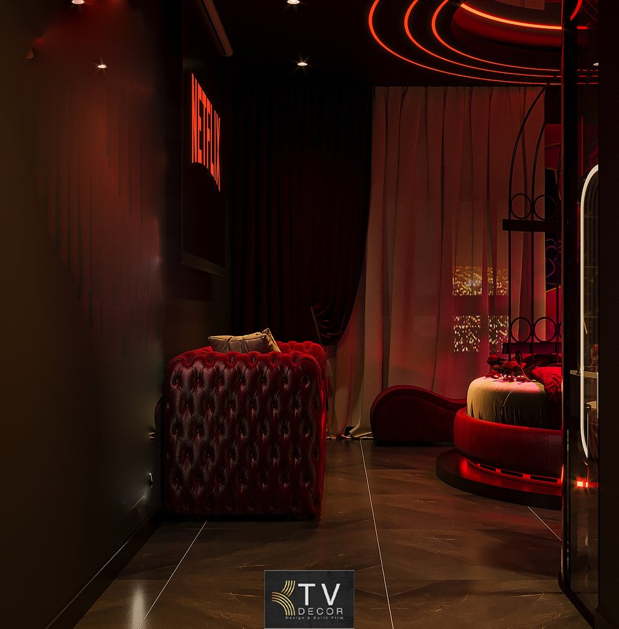 thiết kế khách sạn tình yêu, phòng luxury romantic, phòng chủ đề dark romantic, nội thất khách sạn cao cấp, thiết kế phòng giường tròn