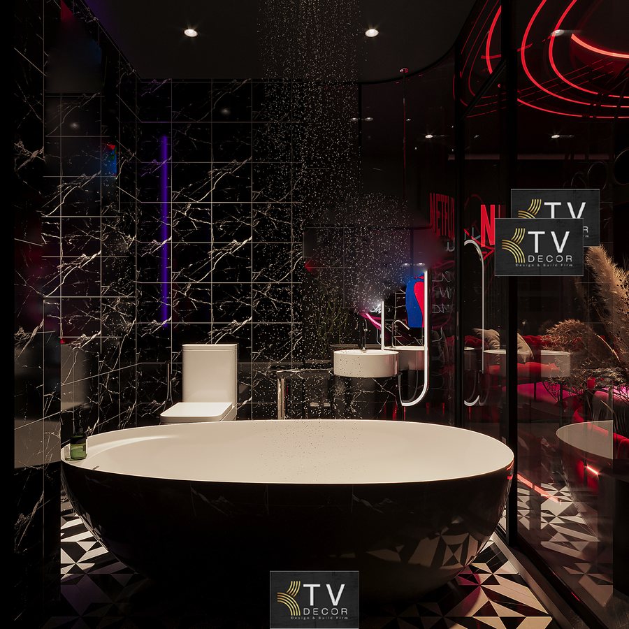 Thiết kế phòng khách sạn tình yêu phong cách Luxury Dark Romantic với giường tròn và ánh sáng đỏ nghệ thuật. 2