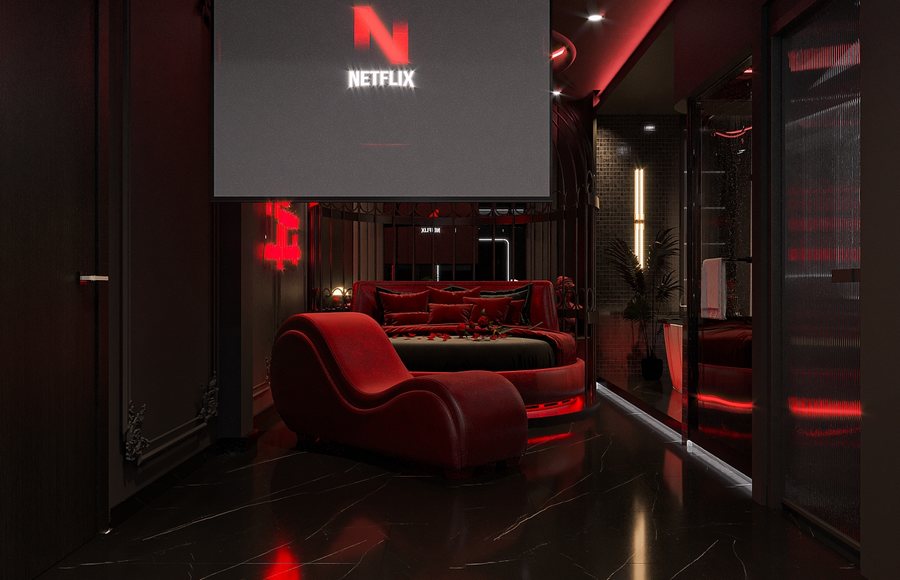 Khám phá mẫu phòng khách sạn chủ đề tình yêu với tông đỏ – đen nổi bật, giường tròn, ánh sáng LED nghệ thuật và màn chiếu lớn tạo trải nghiệm thư giãn độc đáo. 