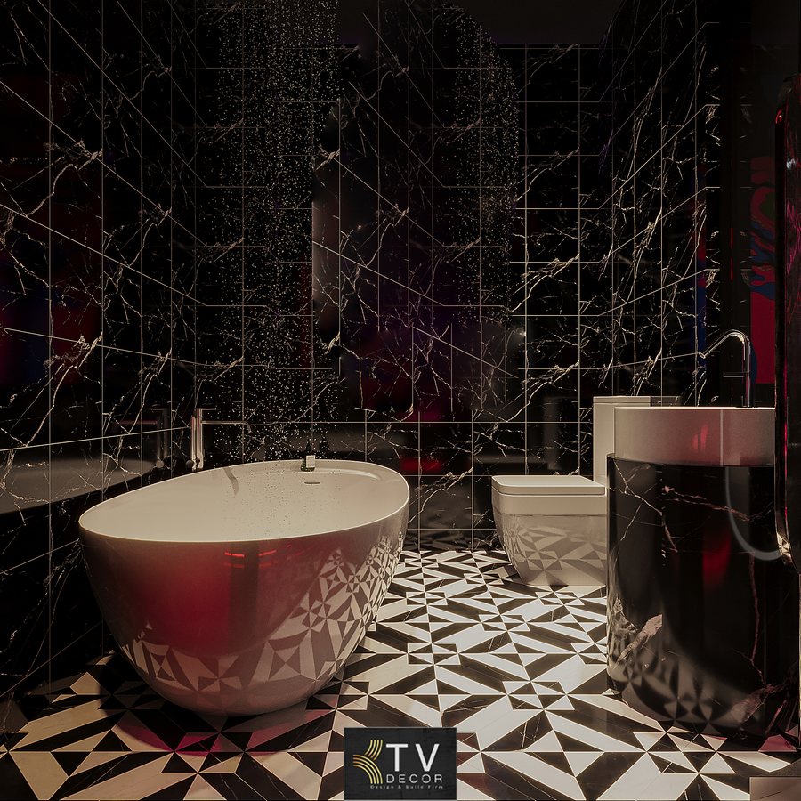 Thiết kế phòng khách sạn tình yêu phong cách Luxury Dark Romantic với giường tròn và ánh sáng đỏ nghệ thuật. 3