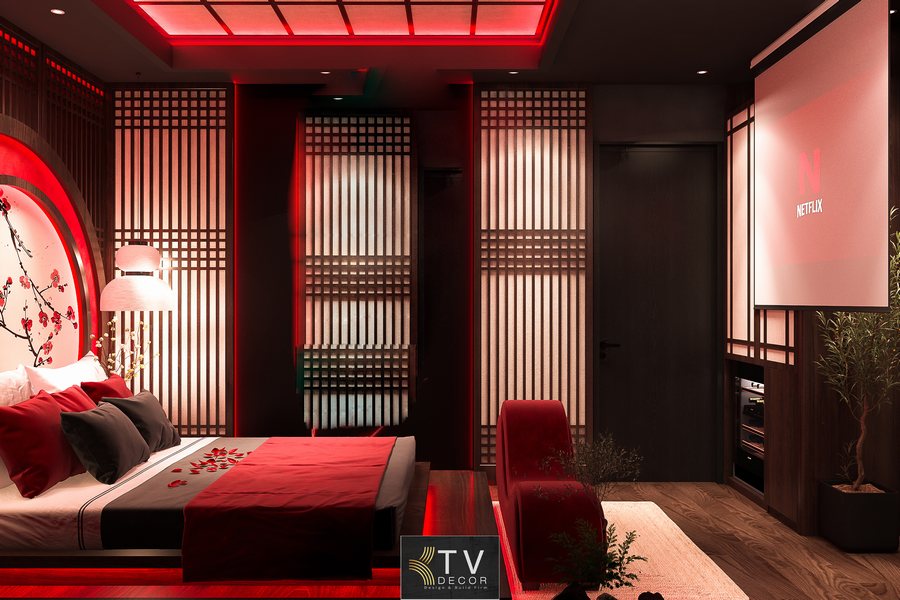 Thiết kế thi công phòng khách sạn chủ đề tình yêu phong cách Nhật hiện đại với ánh sáng đỏ nghệ thuật và chất liệu gỗ sang trọng