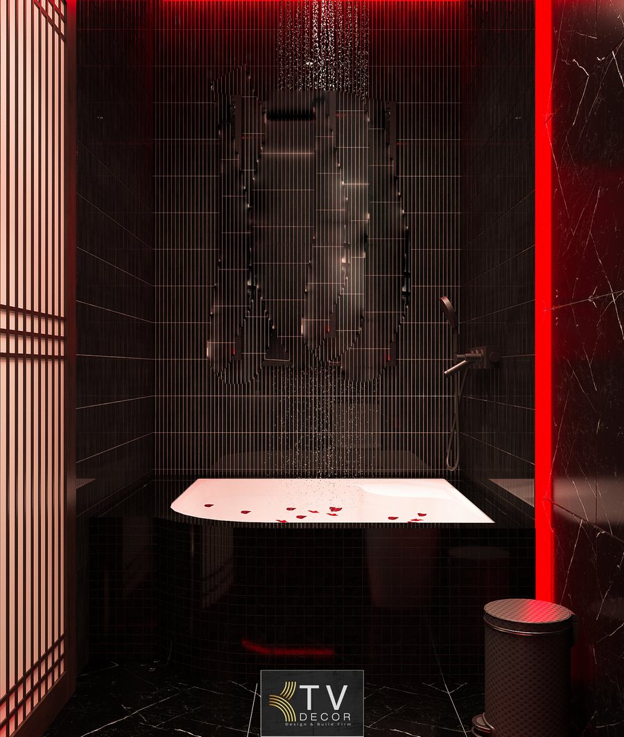 Phòng khách sạn được thiết kế theo phong cách Nhật hiện đại với tông đỏ – gỗ đặc trưng, ánh sáng ấm, nan gỗ thanh lịch và hệ thống giải trí cao cấp. Dự án thiết kế – thi công bởi KTV GROUP. 1