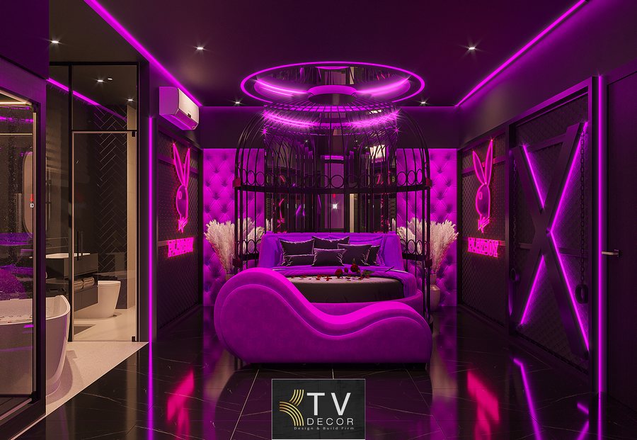 Thiết Kế Thi Công Phòng Khách Sạn Chủ Đề Tình Yêu Phong Cách Futuristic Glam – Ánh Sáng Neon Ấn Tượng | KTV GROUP