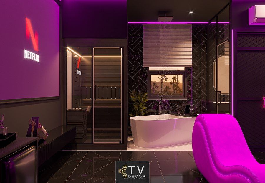 Phòng khách sạn phong cách Futuristic Glam với ánh sáng neon tím, giường trung tâm và nội thất bọc nệm cao cấp thiết kế bởi KTV GROUP