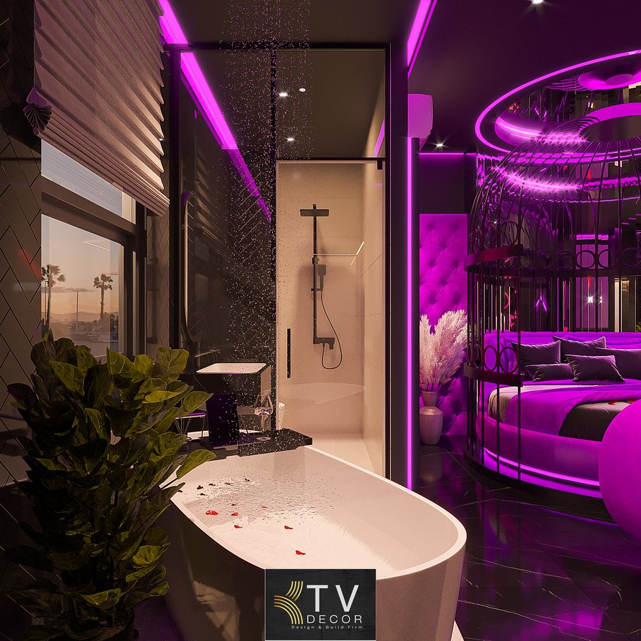thiết kế khách sạn, phòng khách sạn chủ đề tình yêu, thiết kế phòng neon, futuristic glam room, thiết kế thi công khách sạn KTV GROUP, nội thất khách sạn hiện đại
