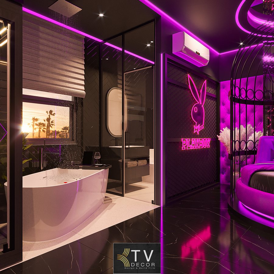 Hệ thống ánh sáng LED chạy trần và tường được thiết lập theo công nghệ dải sáng liên tục, tạo ra hiệu ứng chuyển sắc và chiều sâu. Sàn đá bóng gương giúp phản chiếu ánh sáng, khiến căn phòng rộng và nổi bật hơn.