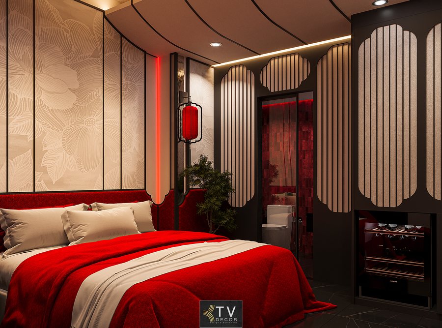 Không gian phòng khách sạn chủ đề tình yêu phong cách Á Đông Hiện Đại – Concept Sắc Đỏ Tinh Tế với bố cục mềm mại, ánh sáng ấm và nội thất sang trọng do KTV Group thực hiện. 2