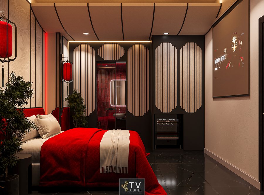 Thiết kế phòng khách sạn phong cách Á Đông hiện đại, nhấn mạnh sắc đỏ tinh tế, ánh sáng ấm và chất liệu cao cấp mang đến trải nghiệm mới mẻ và khác biệt cho du khách.