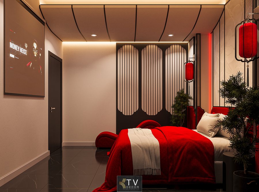 Phòng khách sạn phong cách Á Đông Hiện Đại với sắc đỏ tinh tế và nội thất sang trọng do KTV Group thiết kế.