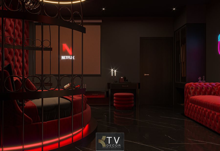 Dự án thiết kế phòng khách sạn phong cách Dark Luxury – Concept Tổ Chim Nghệ Thuật do KTV Group thực hiện. Không gian sang trọng, ánh sáng đỏ điểm nhấn, hệ giải trí tại phòng và nội thất cao cấp phù hợp mô hình khách sạn chủ đề. 