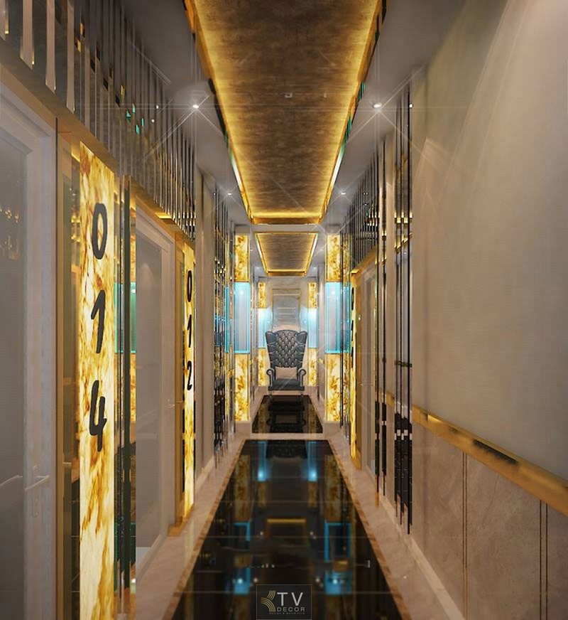 Hành lang karaoke KTV Design sang trọng với ánh sáng vàng kim