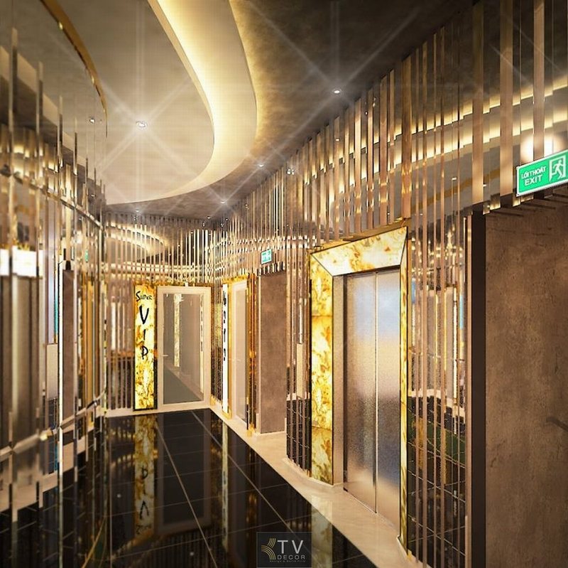Hành lang karaoke KTV Design sang trọng với ánh sáng vàng kim