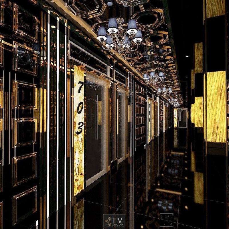 Thiết kế sảnh và hành lang karaoke KTV Design sang trọng, phong cách Art Deco đẳng cấp. KTV GROUP chuyên thi công karaoke tại TP.HCM và các tỉnh lân cận.