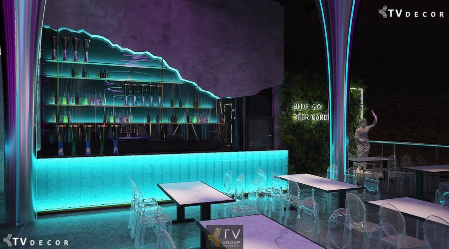 Khu vực quầy bar Beer Garden sử dụng ánh sáng điểm và hiệu ứng chuyển màu giúp tạo không khí năng động, phù hợp phong cách nightlife hiện đại. 