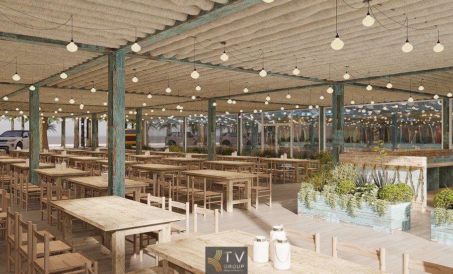 Không gian nội thất Beer Garden diện tích lớn, tối ưu phục vụ khách đoàn tại NovaWorld Phan Thiết – ánh sáng ấm và phong cách biển thân thiện tạo cảm giác thoải mái. 