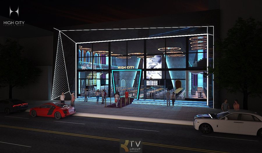 Thiết kế Beer Food Garden tại Buôn Ma Thuột với mặt tiền kính hiện đại, hệ LED nổi bật, không gian mở, thu hút mạnh khách hàng về đêm. 