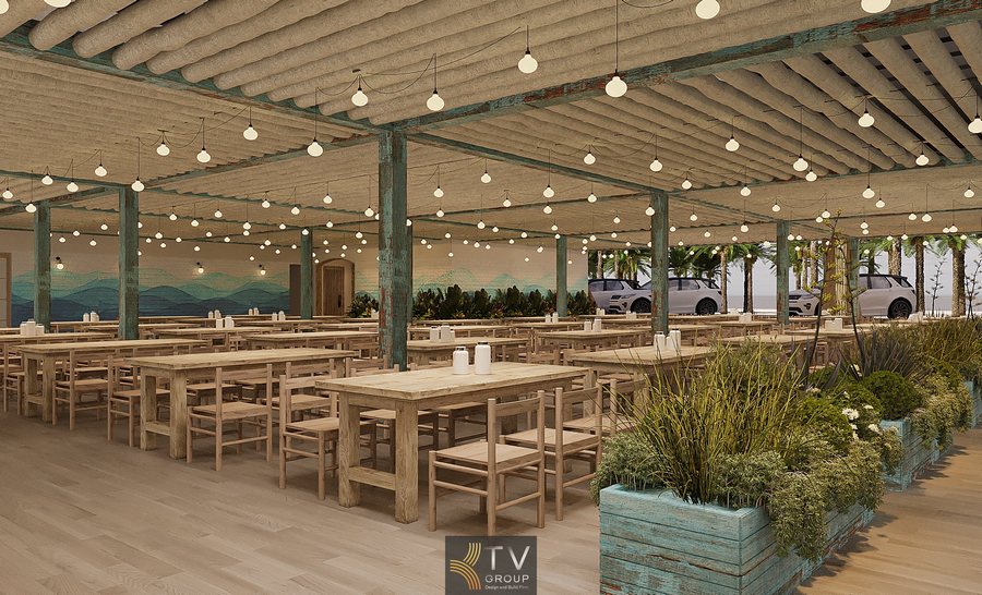 Thiết kế gỗ mộc – decor cây xanh – hệ thống đèn thả toàn trần giúp nâng tầm trải nghiệm ẩm thực & giải trí cho du khách bên bờ biển Phan Thiết. 