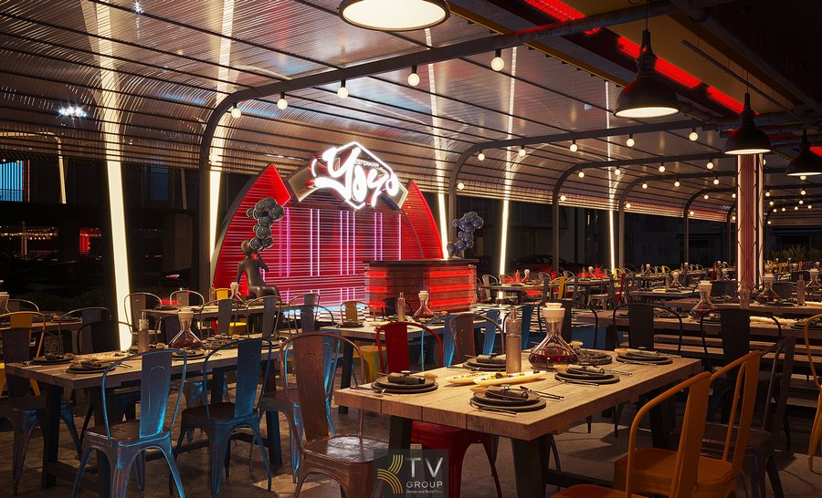 Khu vực bàn ăn dài kết hợp ghế kim loại nhiều màu sắc mang phong cách trẻ trung, năng động, phù hợp mô hình nhà hàng – bar – beer garden phục vụ nhóm đông khách và khách gia đình. 