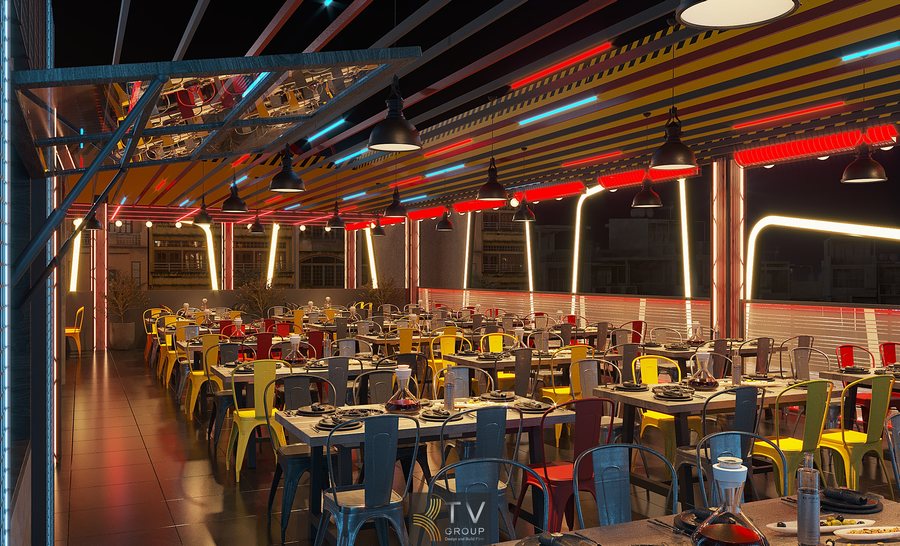 Thiết kế không gian mở với trần cao, hệ khung thép và đèn thả ánh sáng vàng tạo cảm giác ấm cúng, thoải mái, phù hợp nhà hàng kết hợp bar hoạt động cả ngày lẫn đêm. 