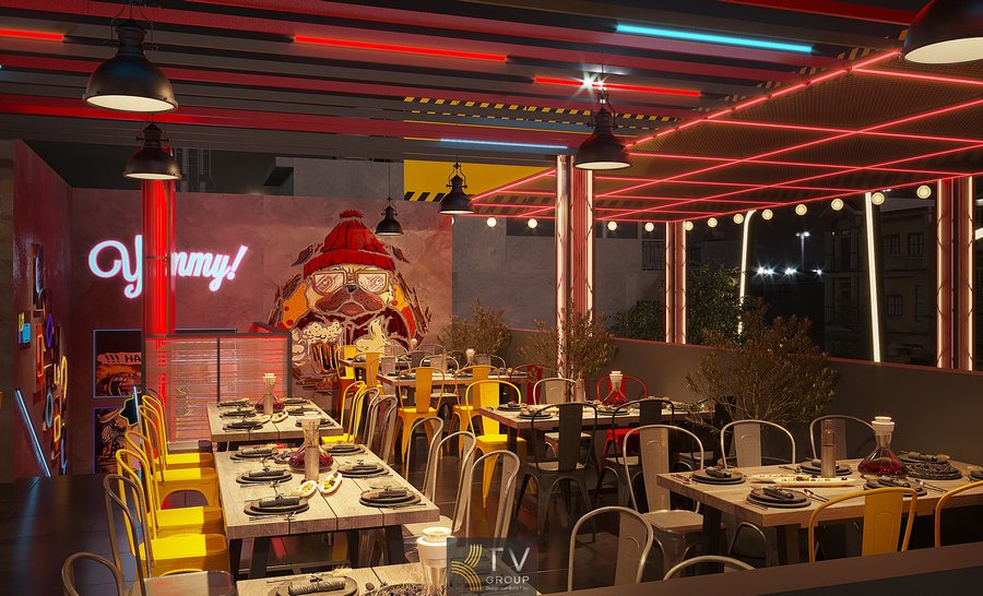 Bàn ăn gỗ kết hợp phụ kiện trang trí tinh tế giúp không gian vừa mang tính công nghiệp hiện đại, vừa giữ được sự thân thiện và dễ tiếp cận với nhiều nhóm khách hàng. 