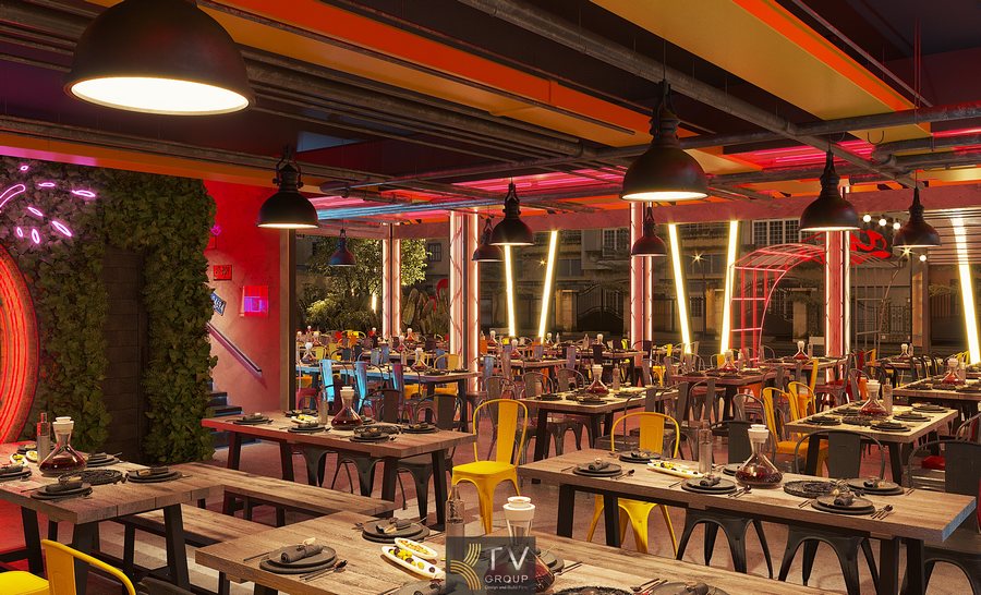 Hệ thống ánh sáng được bố trí hợp lý từ trần đến sân khấu, tạo hiệu ứng thị giác sinh động, tăng trải nghiệm ăn uống và giải trí cho khách khi về đêm. 