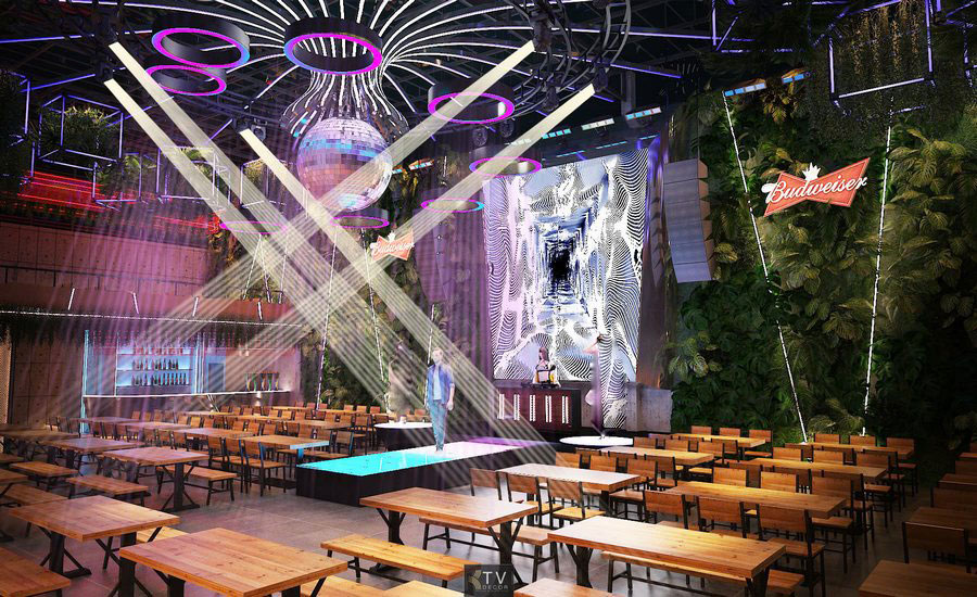 Beer Food Garden phong cách hiện đại, không gian mở 2 tầng, sân khấu trung tâm và ánh sáng trình diễn, phù hợp kinh doanh ẩm thực – giải trí tại TP.HCM. 