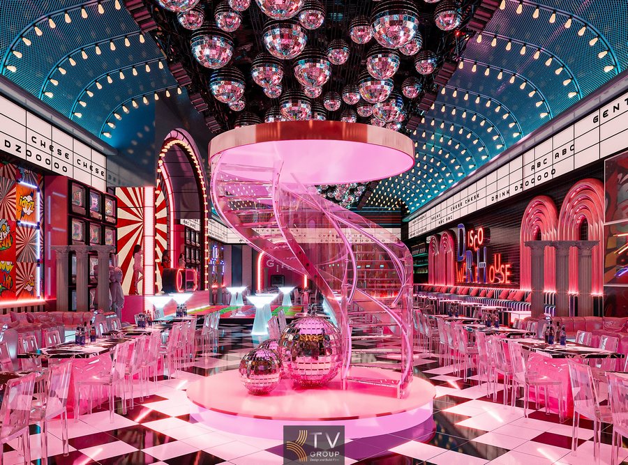 Mô hình bar disco với ánh sáng phản chiếu từ hàng trăm quả cầu Thiết kế thi công không gian giải trí đa năng kiểu disco hiện đại 666