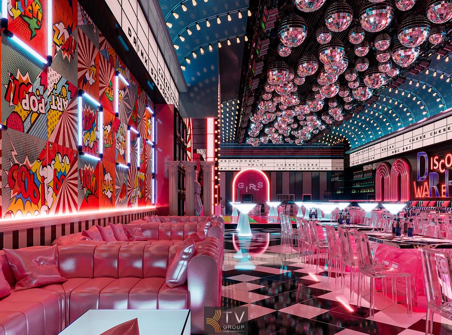 Nội thất bar lounge disco với trần gương gắn hàng trăm bóng gương lấp lánh Thiết kế không gian nhà hàng bar phong cách neon hồng xanh nổi bật