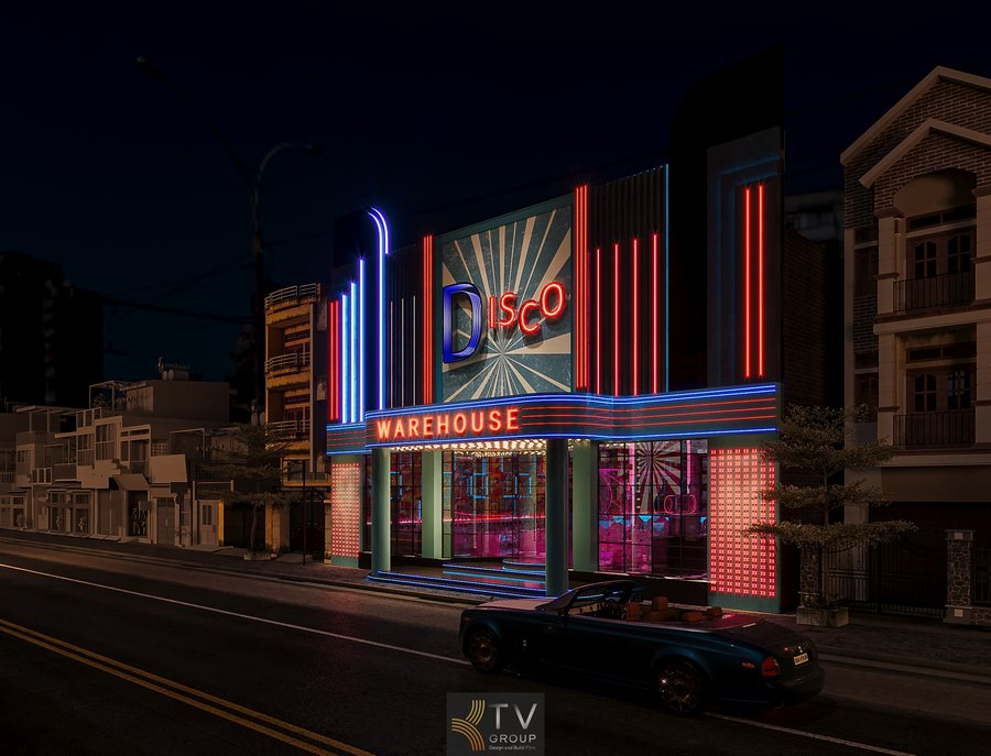 Thiết kế thi công mặt tiền bar lounge beer ánh sáng đỏ xanh ấn tượng Kiến trúc ngoại thất disco với pano phát sáng và cột led vertical Mặt tiền mô hình bar nhà hàng với chữ neon Warehouse nổi bật