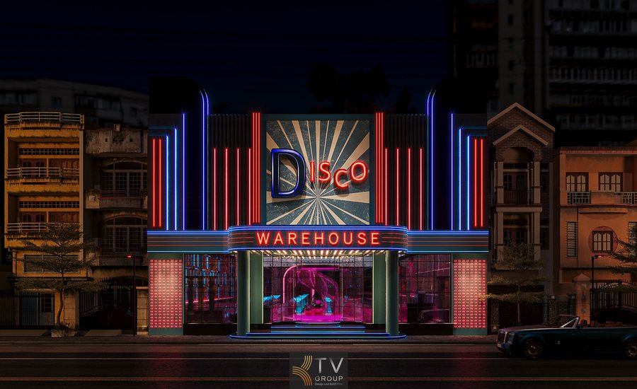 Ngoại thất nhà hàng bar lounge phong cách neon retro trẻ trung Kính phản xạ ánh sáng kết hợp led cho mặt tiền bar beer disco Thiết kế bảng hiệu disco hiệu ứng burst light phong cách độc đáo