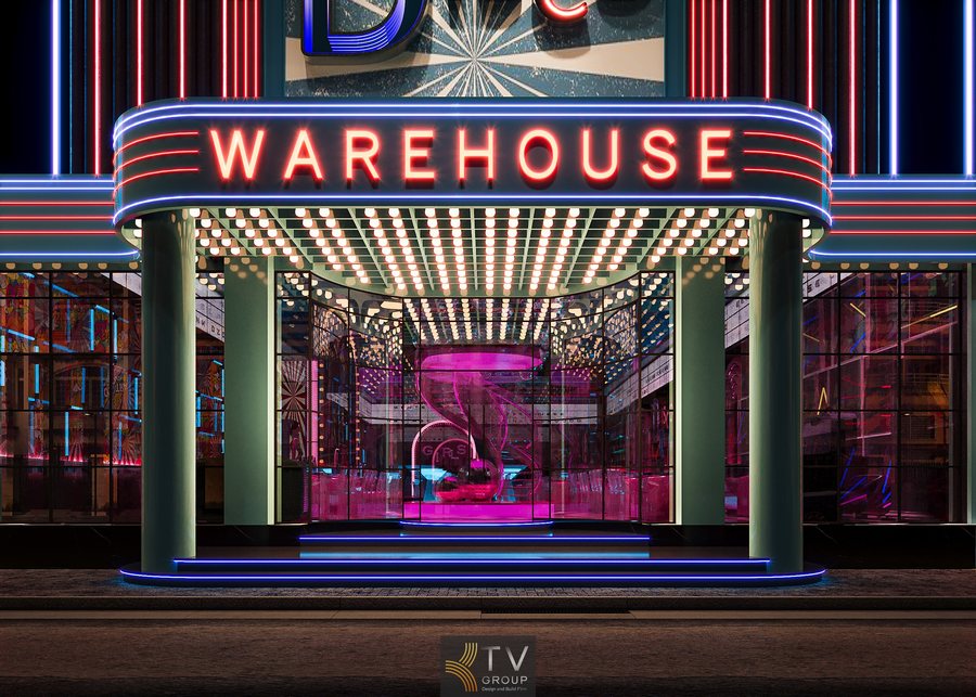 Thiết kế bảng hiệu disco hiệu ứng burst light phong cách độc đáo Mô hình bar beer lounge với mái canopy phát sáng sang trọng Hệ thống led đa màu cho mặt tiền disco kiểu Art Deco