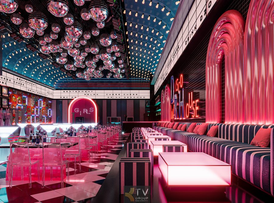 Không gian Bar Lounge Beer Disco với trần gương và bóng disco