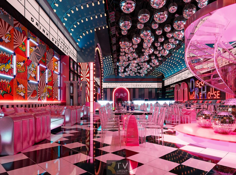 Không gian bar neon rực rỡ với tường hiệu ứng màu phản quang Sofa dài phối gối trang trí tạo điểm nhấn cho nội thất lounge Thiết kế nội thất bar beer với gam màu hồng tím trẻ trung